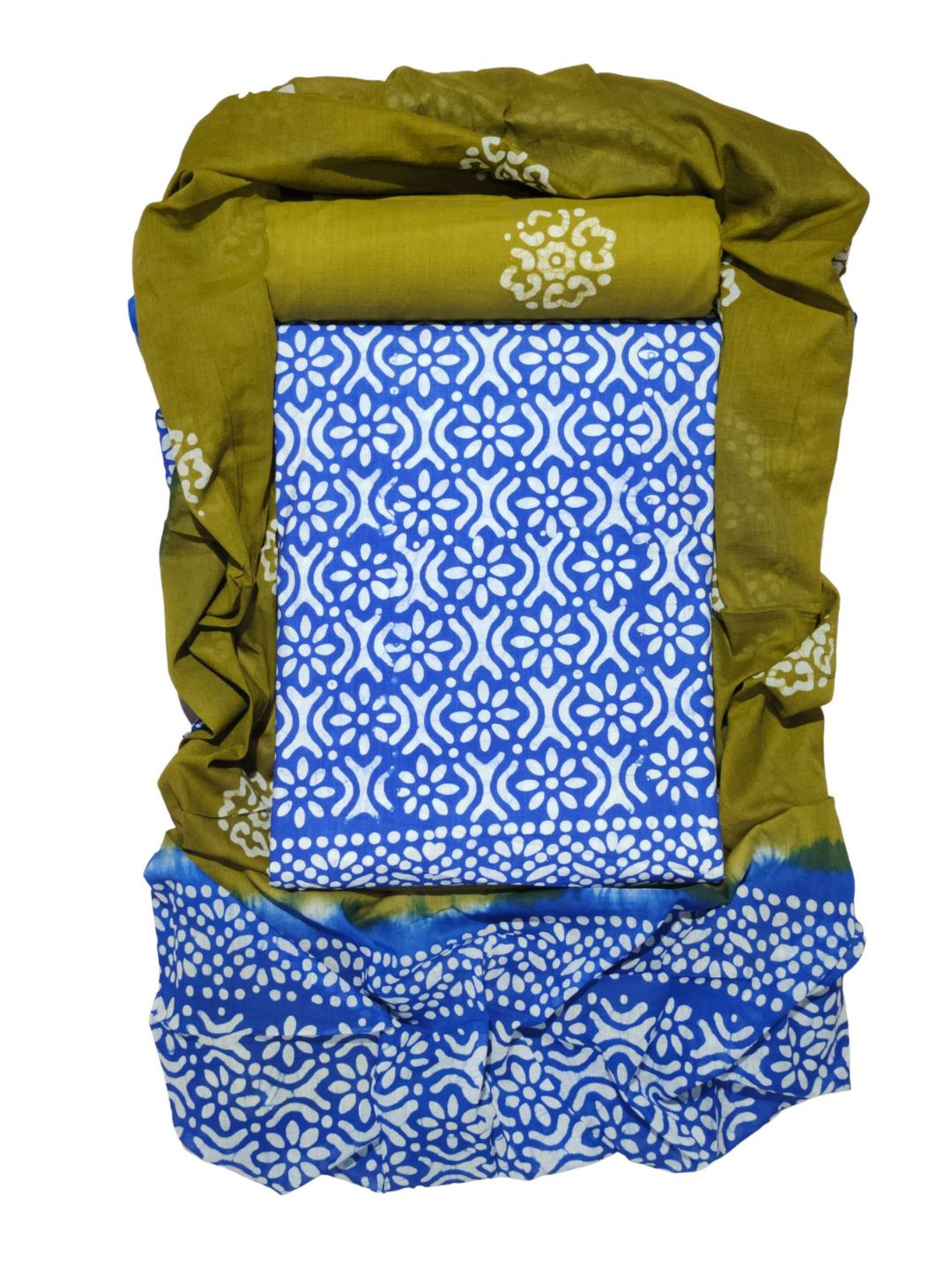 Bombay Batik Pure Cotton Dress Material Batik Handwork – Blue Khaaki Colour