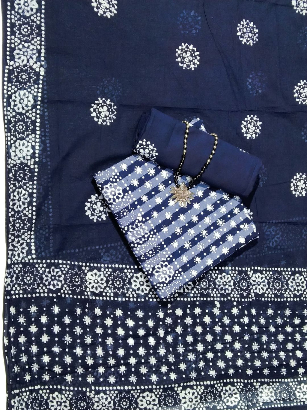 Navy Blue Batik Printed Cotton Dress Material With Dupatta