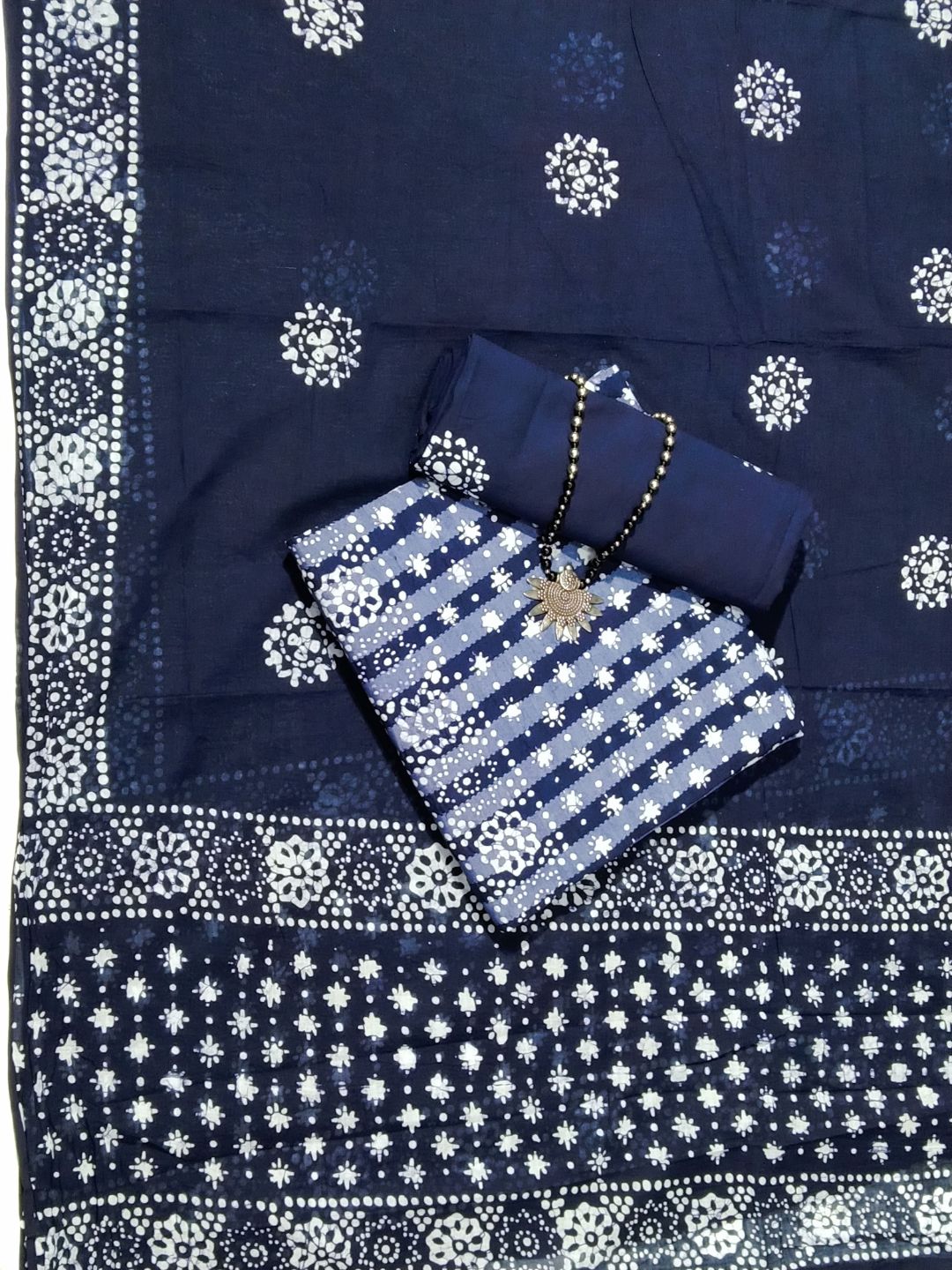 Navy Blue Batik Printed Cotton Dress Material With Dupatta
