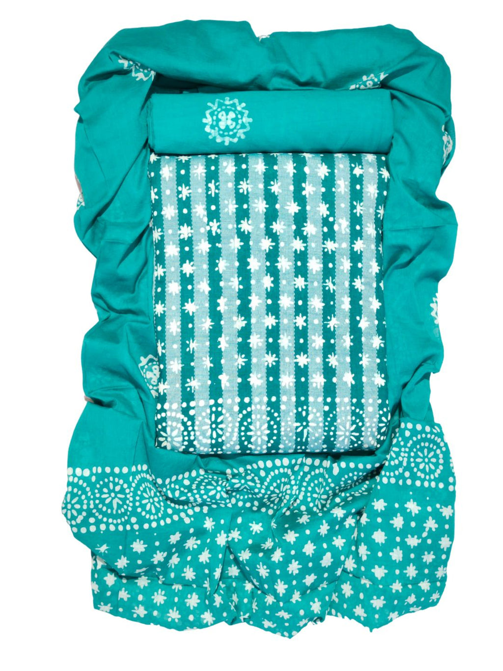 Teal Green Batik Printed Cotton Dress Material With Dupatta