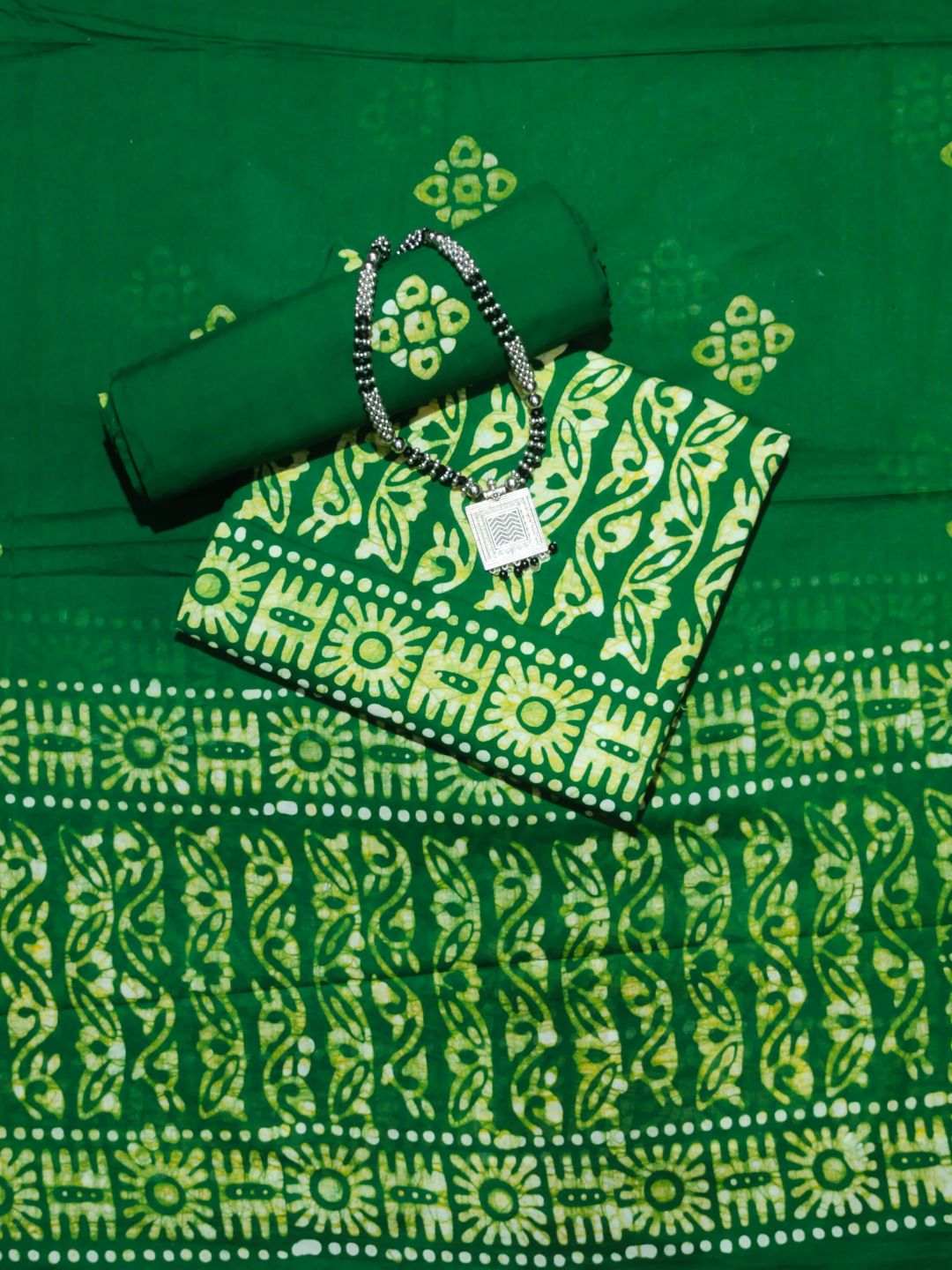 Green Soft  Batik Print Cotton Dress Material With Dupatta