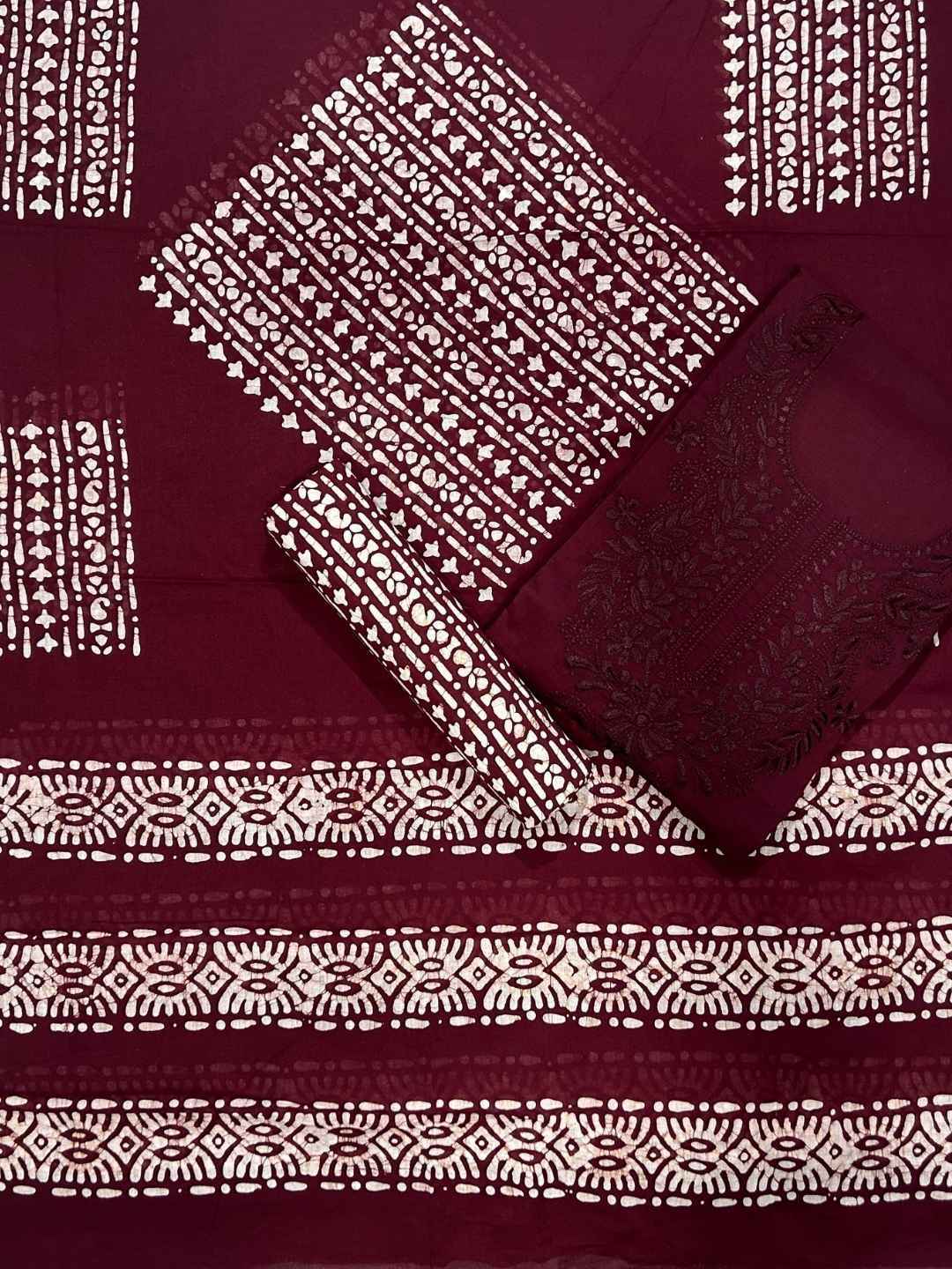 Bombay Batik Pure Cotton Lucknowi Dress Material Batik Handwork – Maroon Colour (FD-DM-LK-MR-KJ)