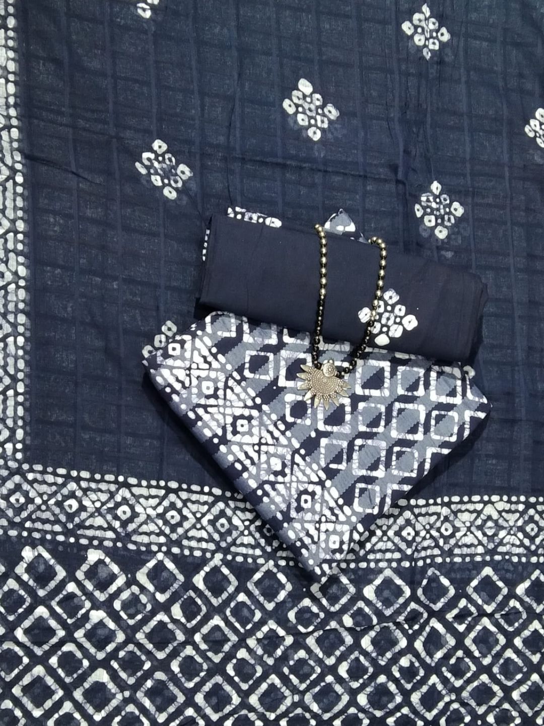 Navy Blue Printed Cotton Dress Material With Dupatta