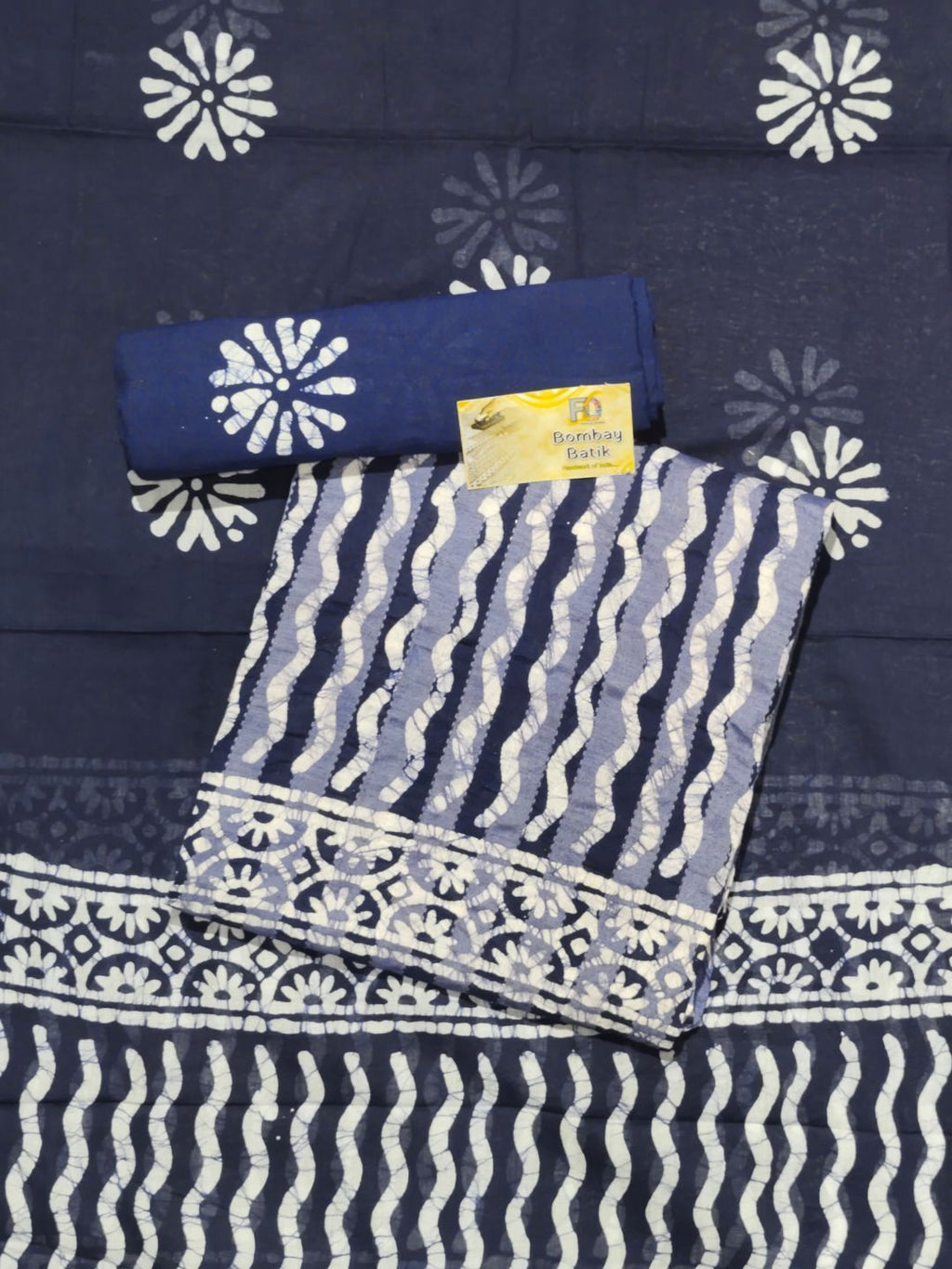 Navy Blue Printed Cotton Dress Material With Dupatta