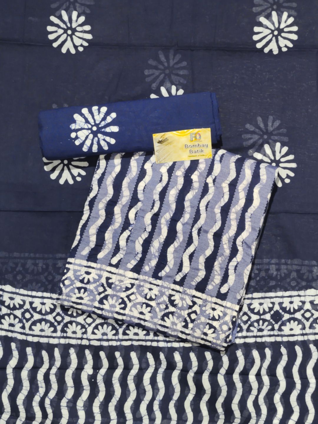 Navy Blue Printed Cotton Dress Material With Dupatta