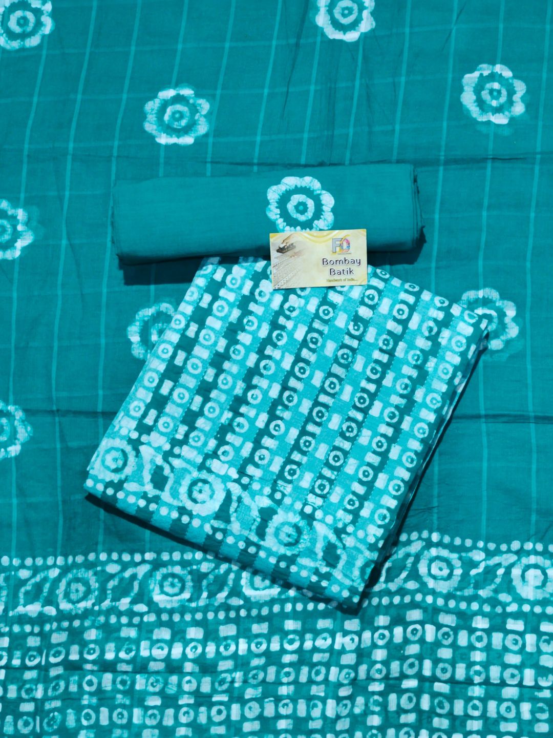 Teal Green Printed Cotton Dress Material With Dupatta
