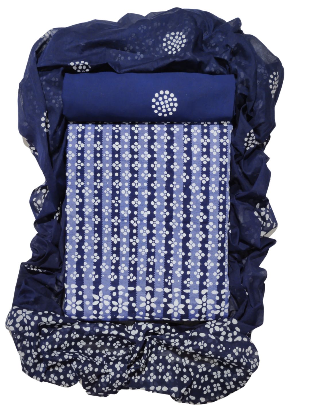 Navy Blue Elegant Batik Print Cotton Dress Material With Dupatta