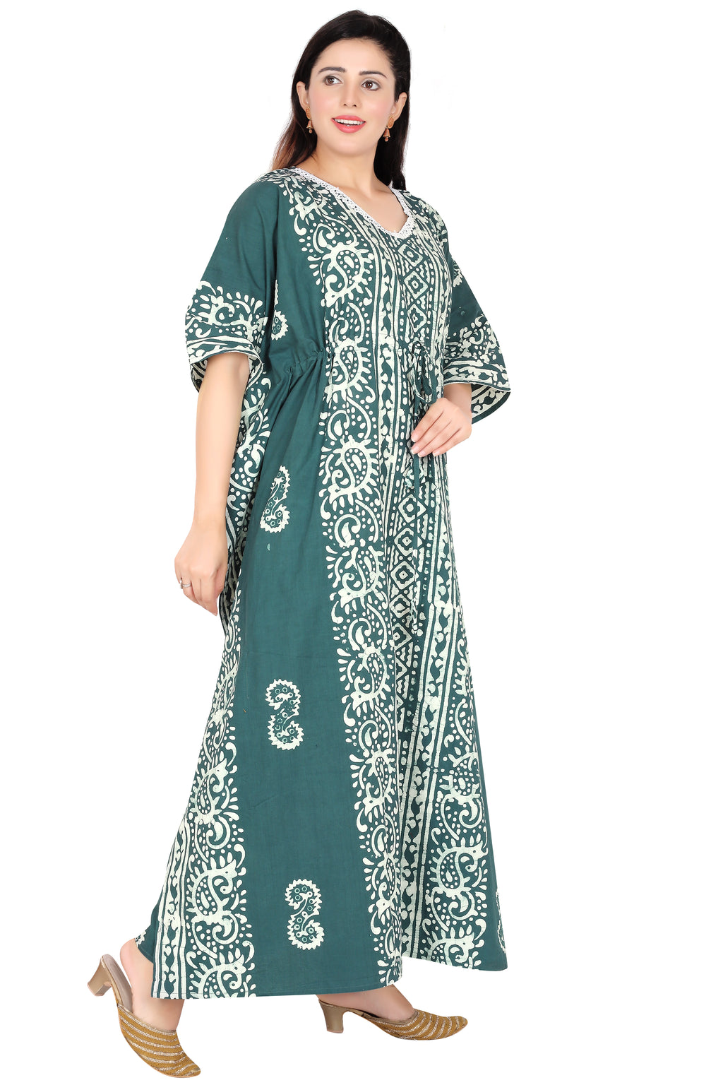 Bombay Batik Pure Cotton Kaftan Hand Block Printing – Teal Green Colour