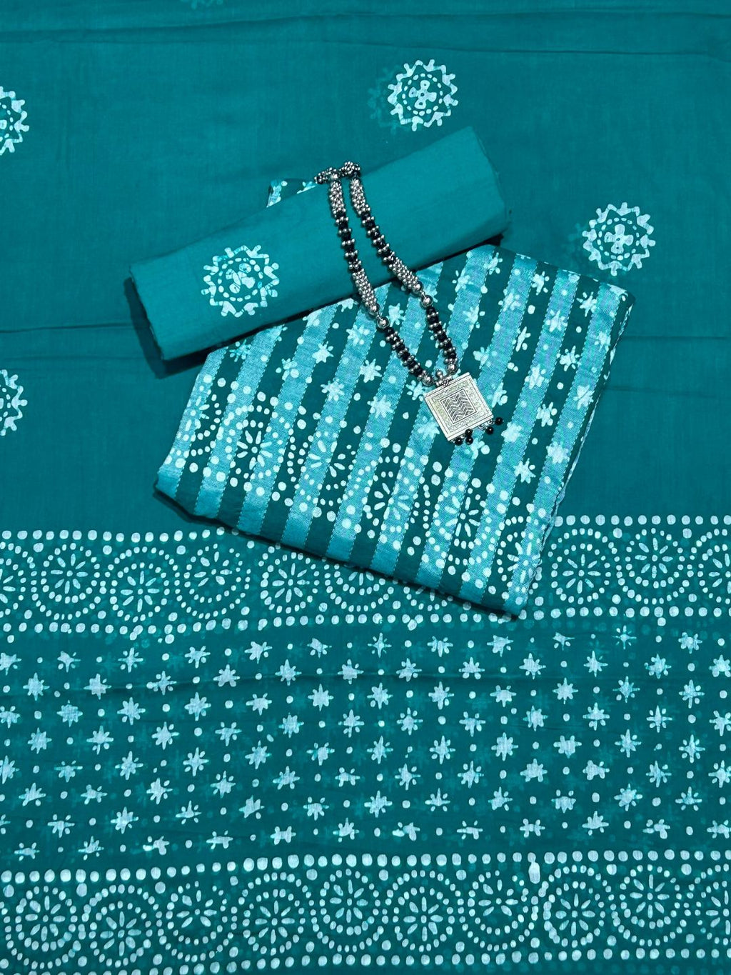 Teal Green Batik Printed Cotton Dress Material With Dupatta
