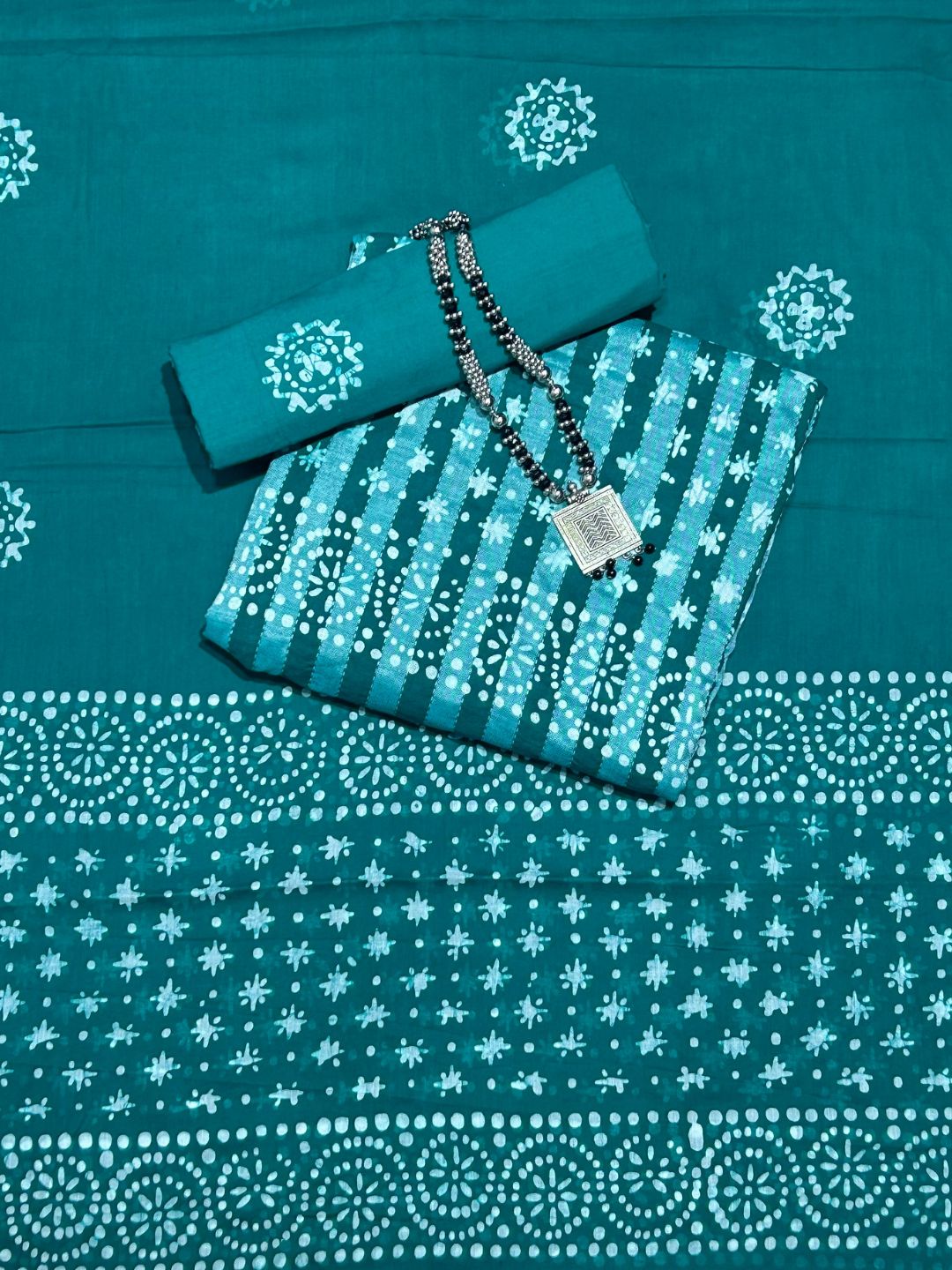 Teal Green Batik Printed Cotton Dress Material With Dupatta
