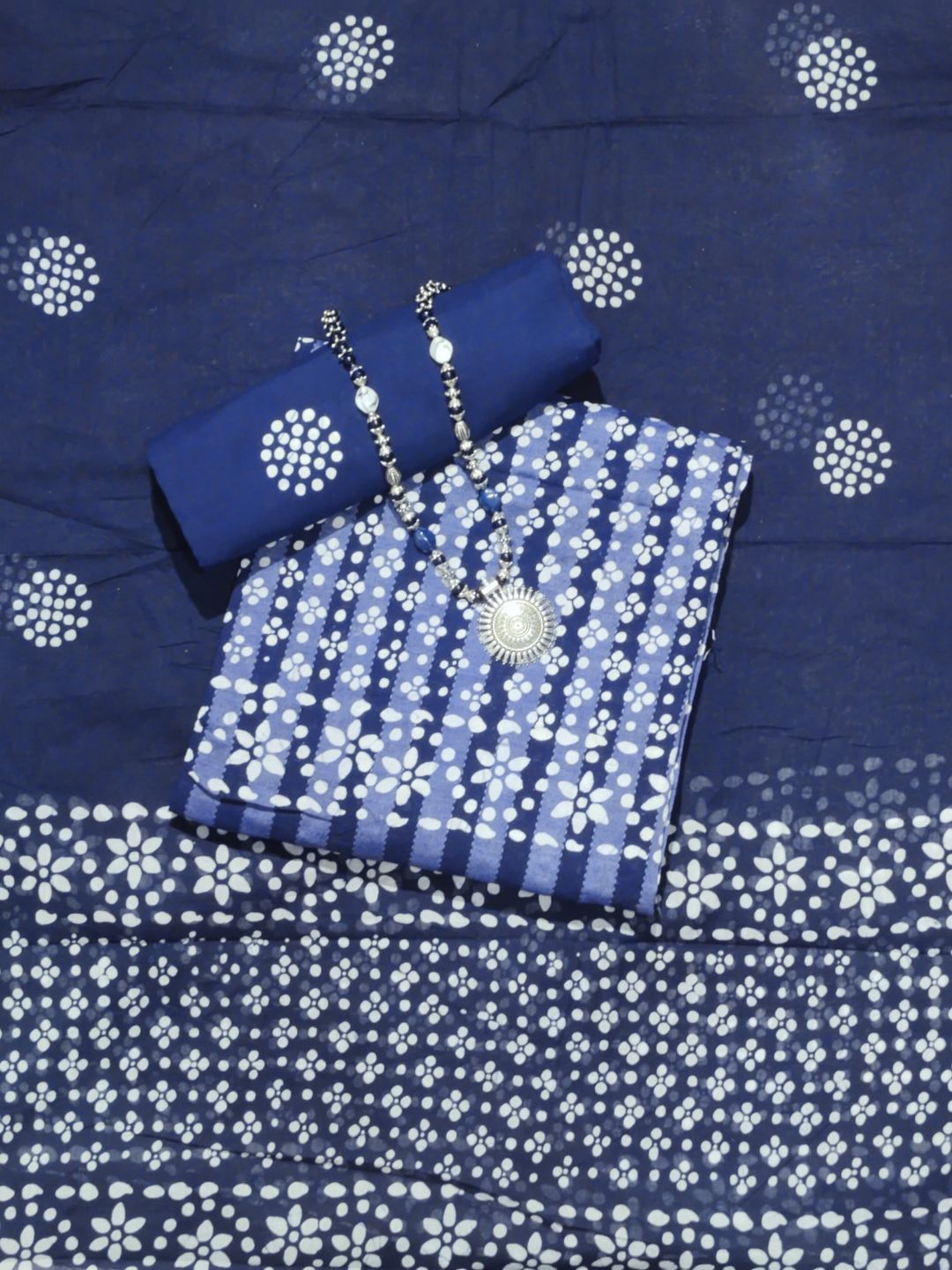Navy Blue Elegant Batik Print Cotton Dress Material With Dupatta