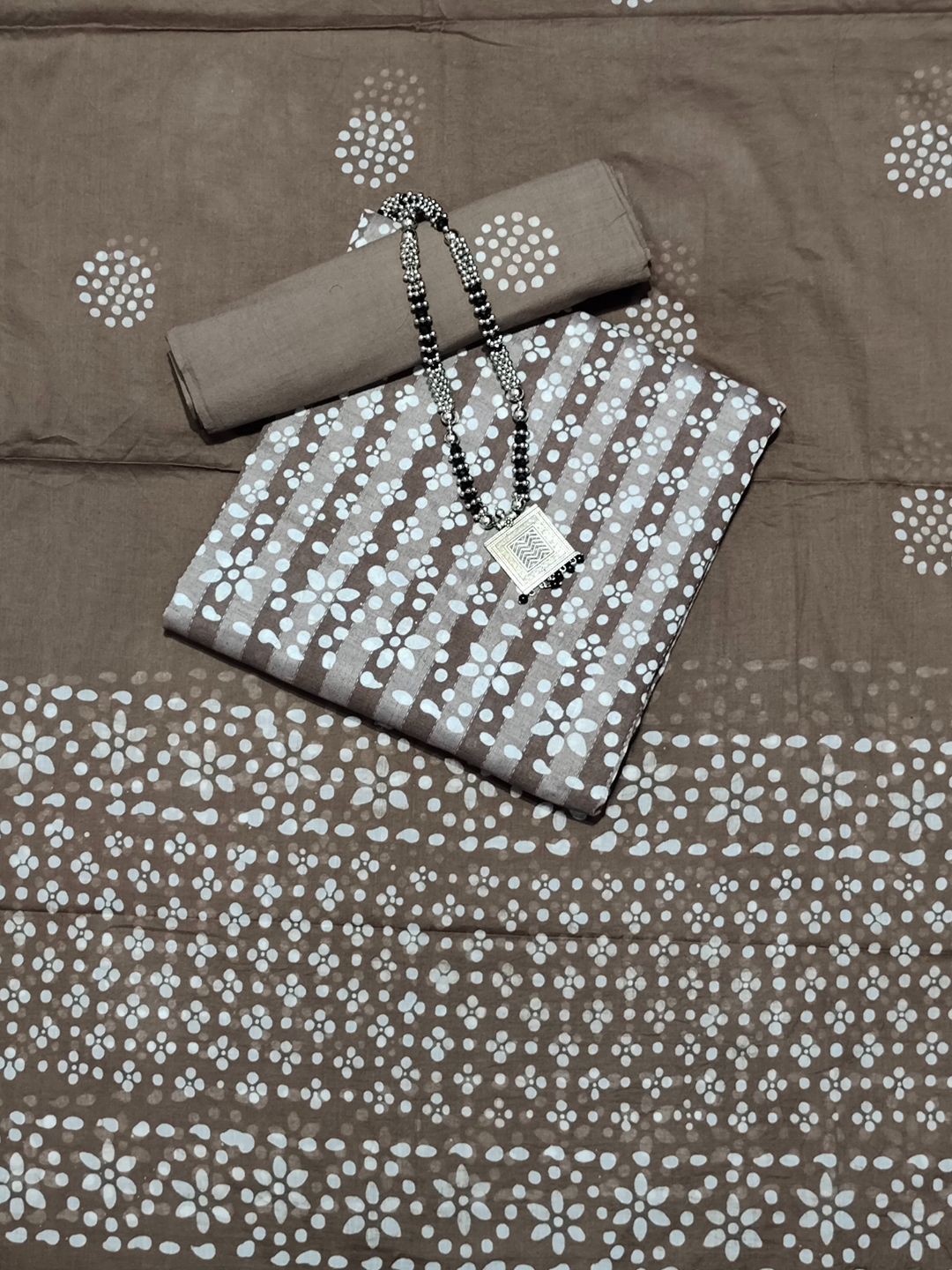 Lakda Brown Elegant Batik Print Cotton Dress Material With Dupatta