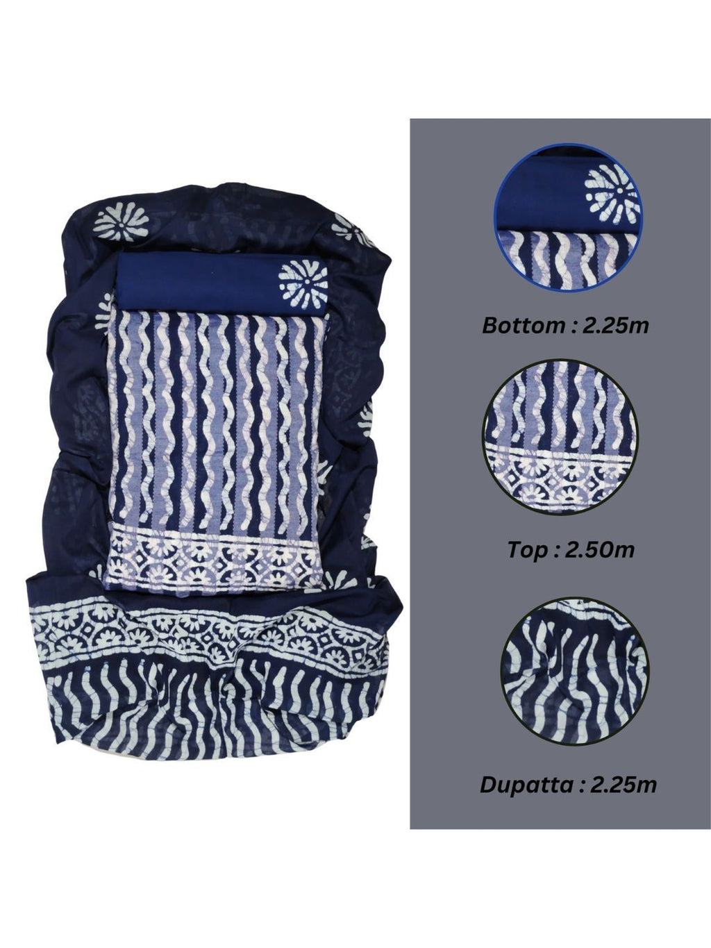 Navy Blue Printed Cotton Dress Material With Dupatta