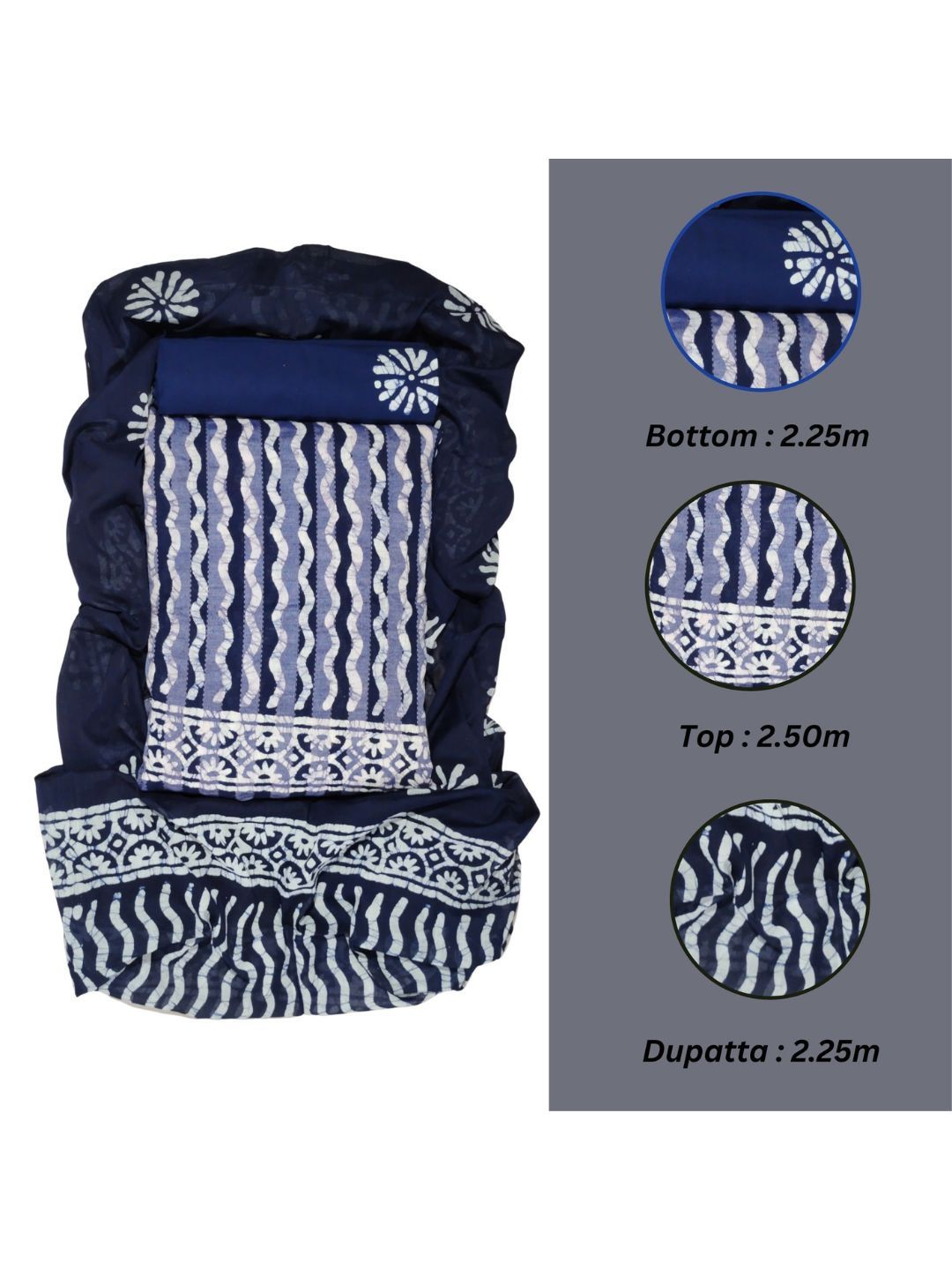 Navy Blue Printed Cotton Dress Material With Dupatta