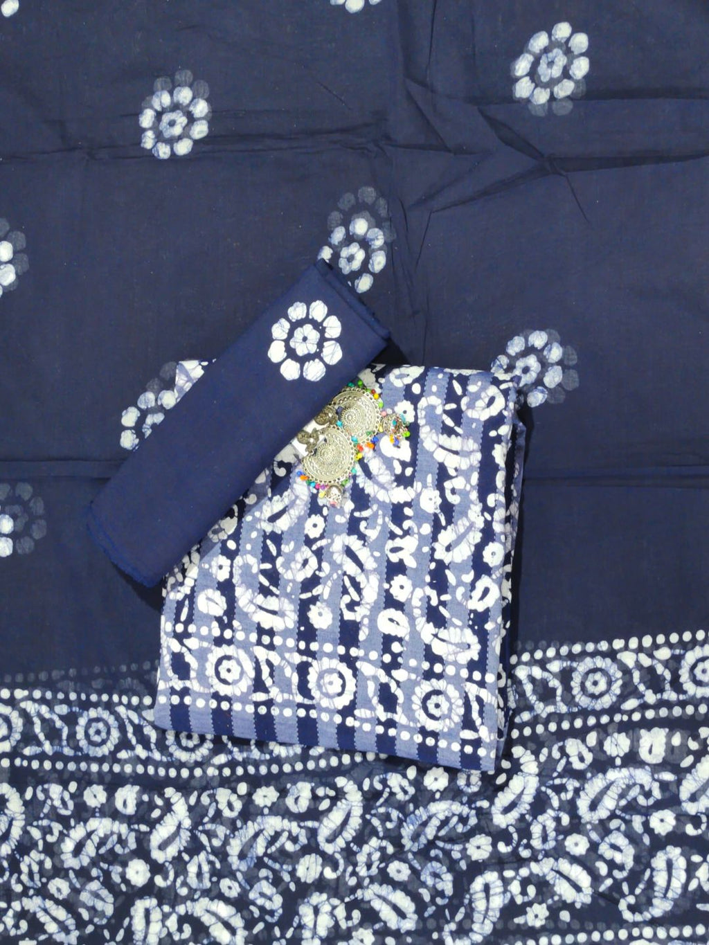 Navy Blue Soft Pure Cotton Dress Material With Dupatta