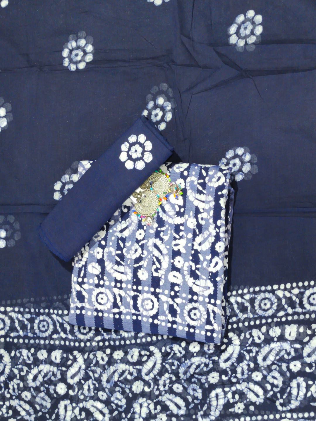 Navy Blue Soft Pure Cotton Dress Material With Dupatta