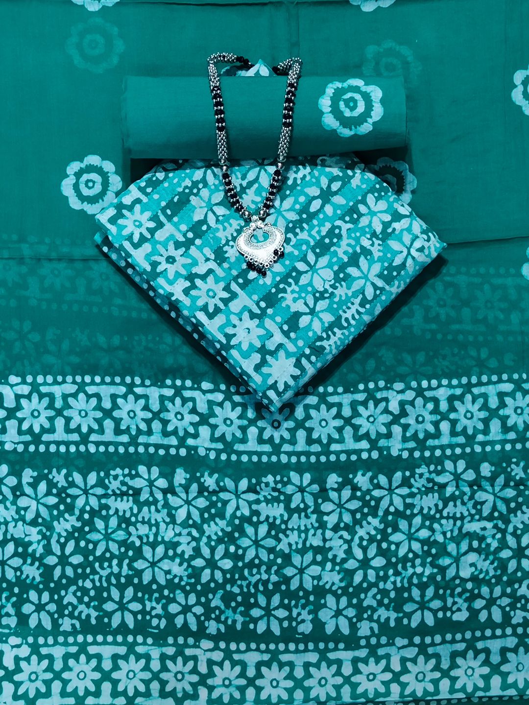 Teal Green Hand Block Printed Cotton Dress Material With Dupatta