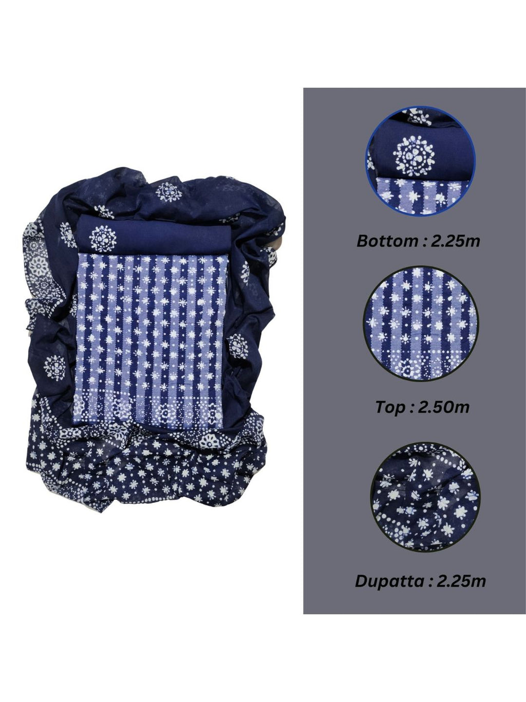 Navy Blue Batik Printed Cotton Dress Material With Dupatta
