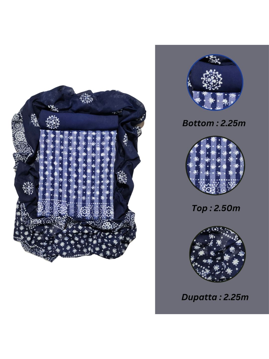Navy Blue Batik Printed Cotton Dress Material With Dupatta