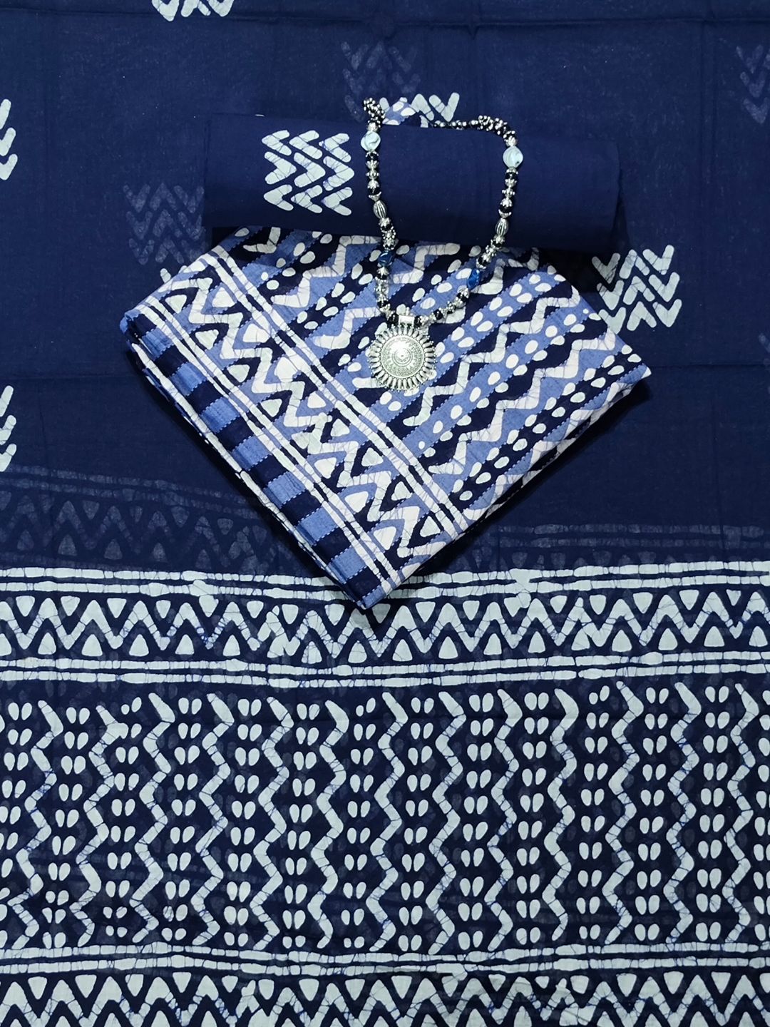 Navy Blue Ethnic Printed Cotton Dress Material With Dupatta