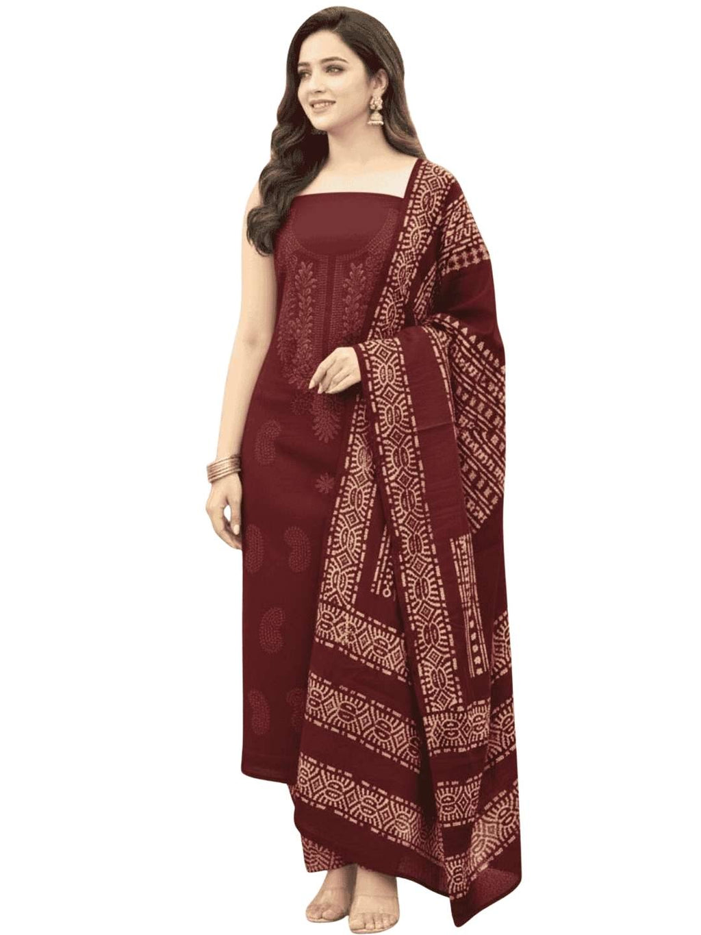Bombay Batik Pure Cotton Lucknowi Dress Material Batik Handwork – Maroon Colour (FD-DM-LK-MR-KJ)