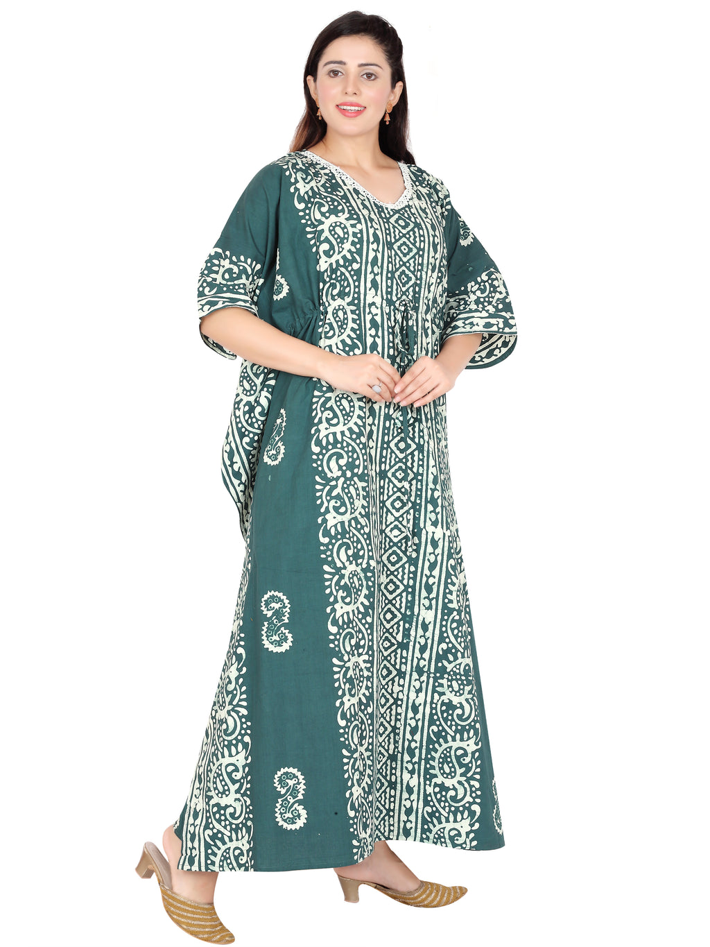 Bombay Batik Pure Cotton Kaftan Hand Block Printing – Teal Green Colour