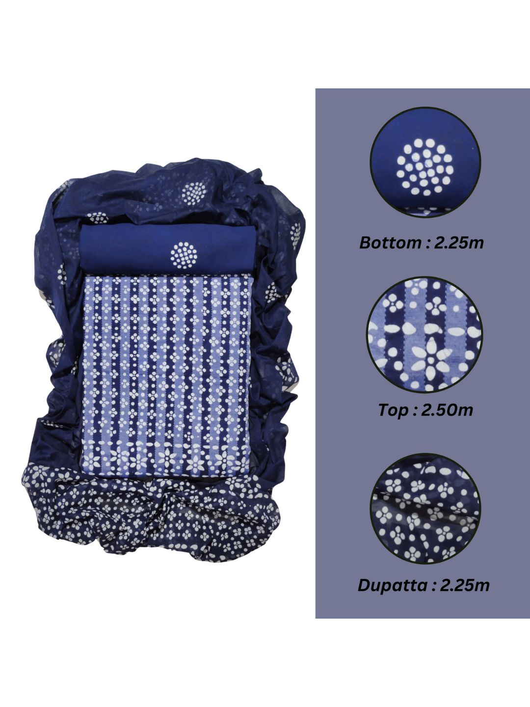 Navy Blue Elegant Batik Print Cotton Dress Material With Dupatta