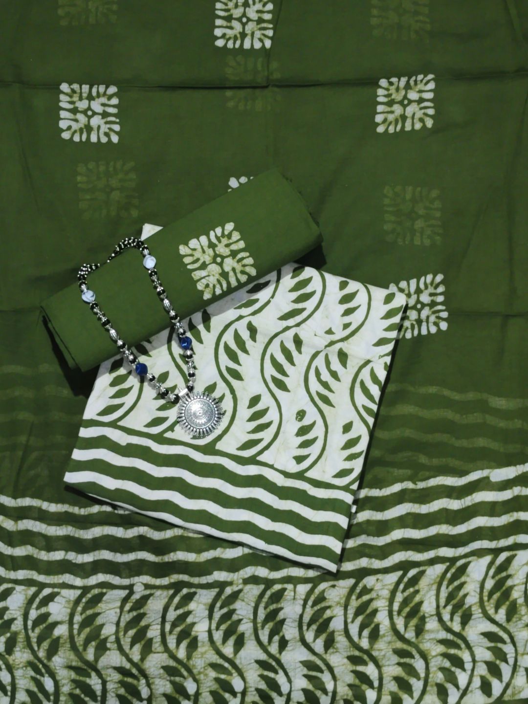Mehndi Ethnic Batik Print Cotton Dress Material With Dupatta