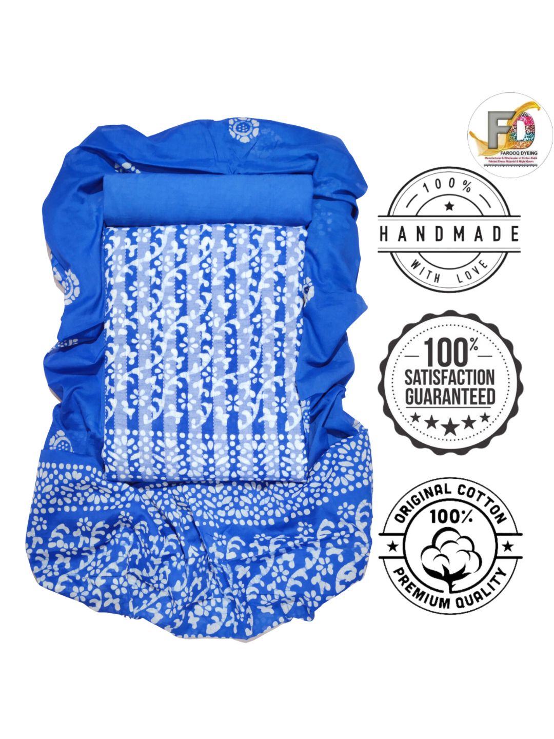 Blue Hand Block Printed Cotton Dress Material With Dupatta