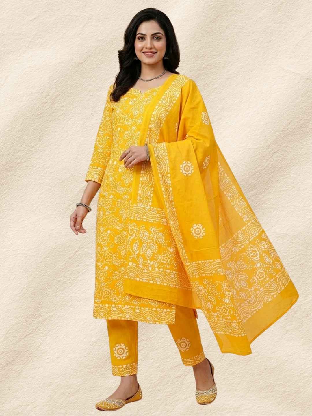Yellow Hand Block Printed Cotton Dress Material With Dupatta