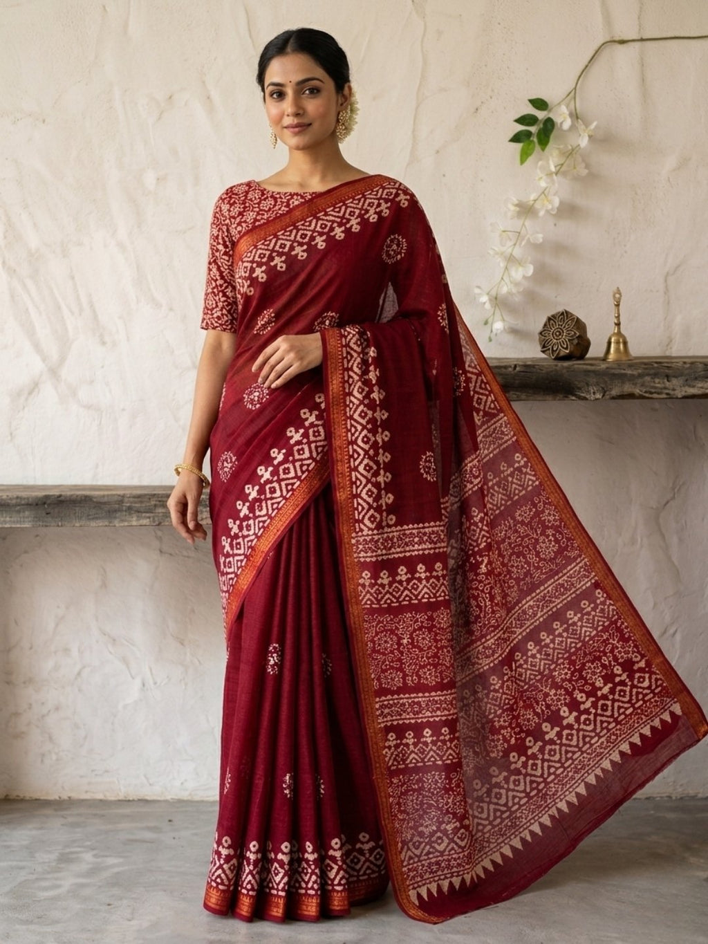 Red Jeweled Cotton Batik Saree with Blouse Piece
