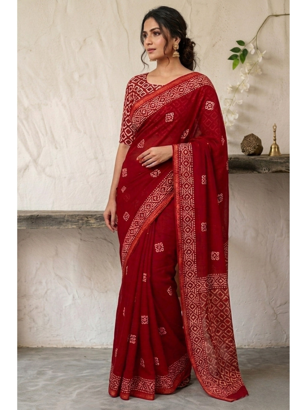 Red Vibrant Cotton Batik Saree with Blouse Piece
