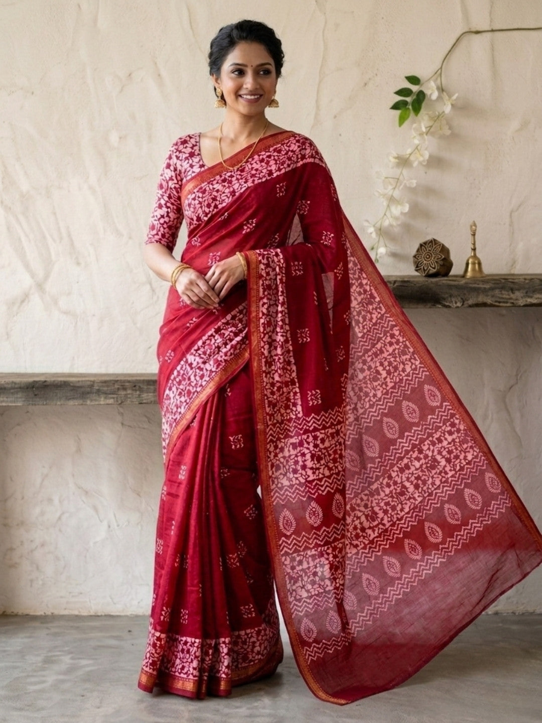 Red Splendid Cotton Batik Saree with Blouse Piece
