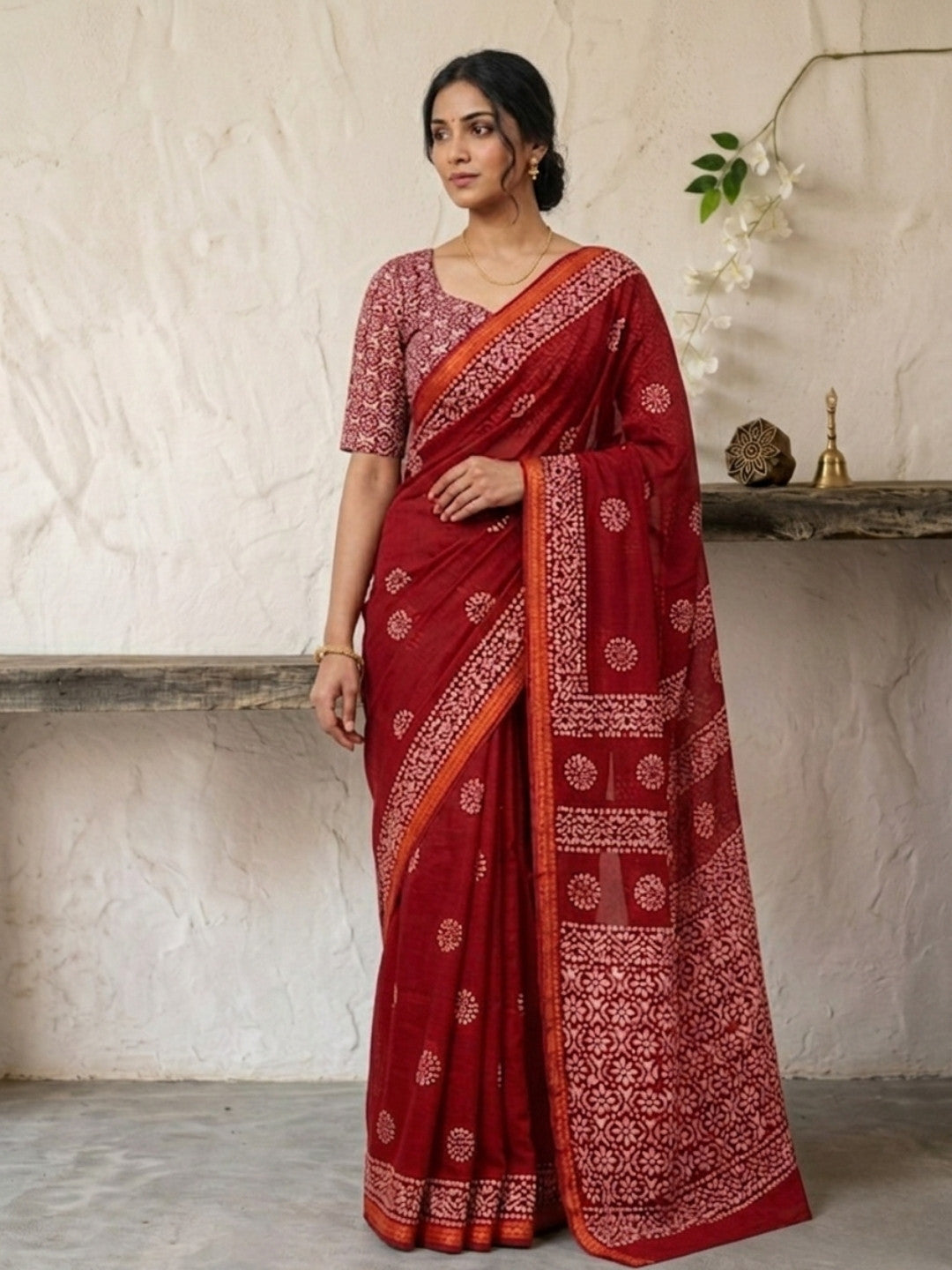 Red Exquisite Cotton Batik Saree with Blouse Piece