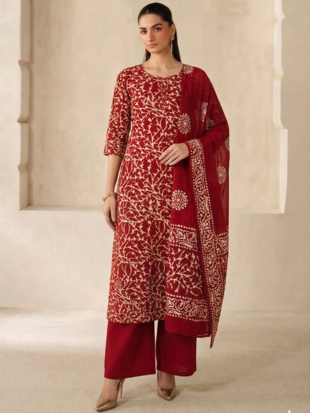 Bombay Batik Pure Cotton Dress Material Wax-Resist Batik Printing – Red   Batik