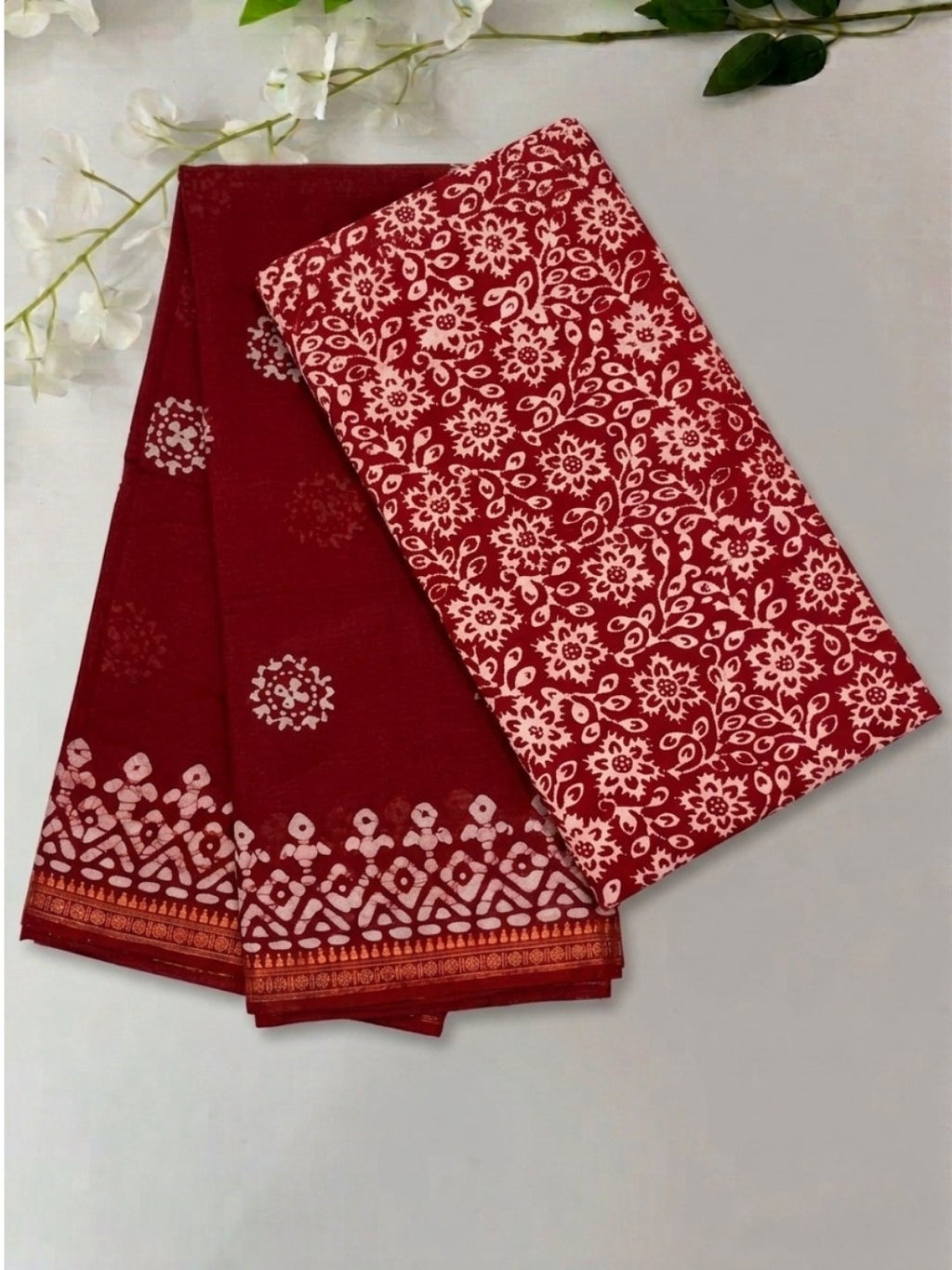 Red Jeweled Cotton Batik Saree with Blouse Piece