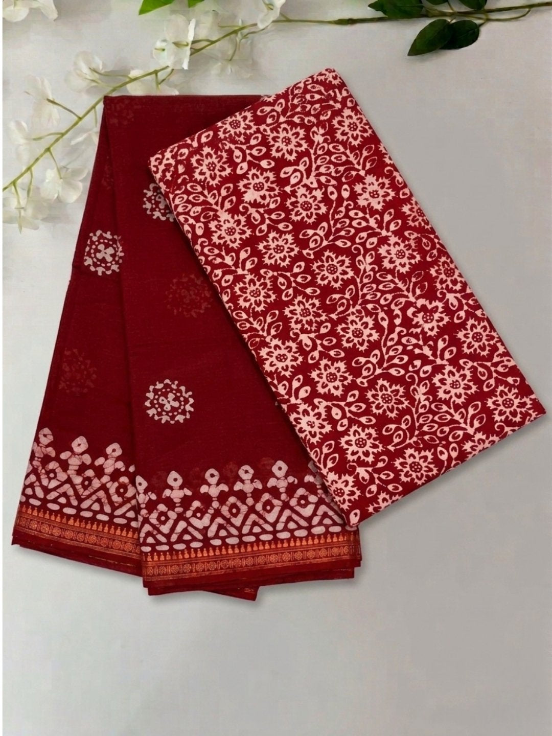 Red Jeweled Cotton Batik Saree with Blouse Piece