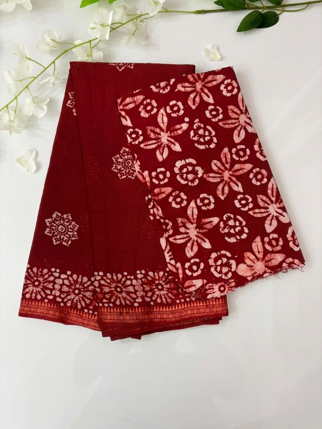 Red Sublime Cotton Batik Saree with Blouse Piece