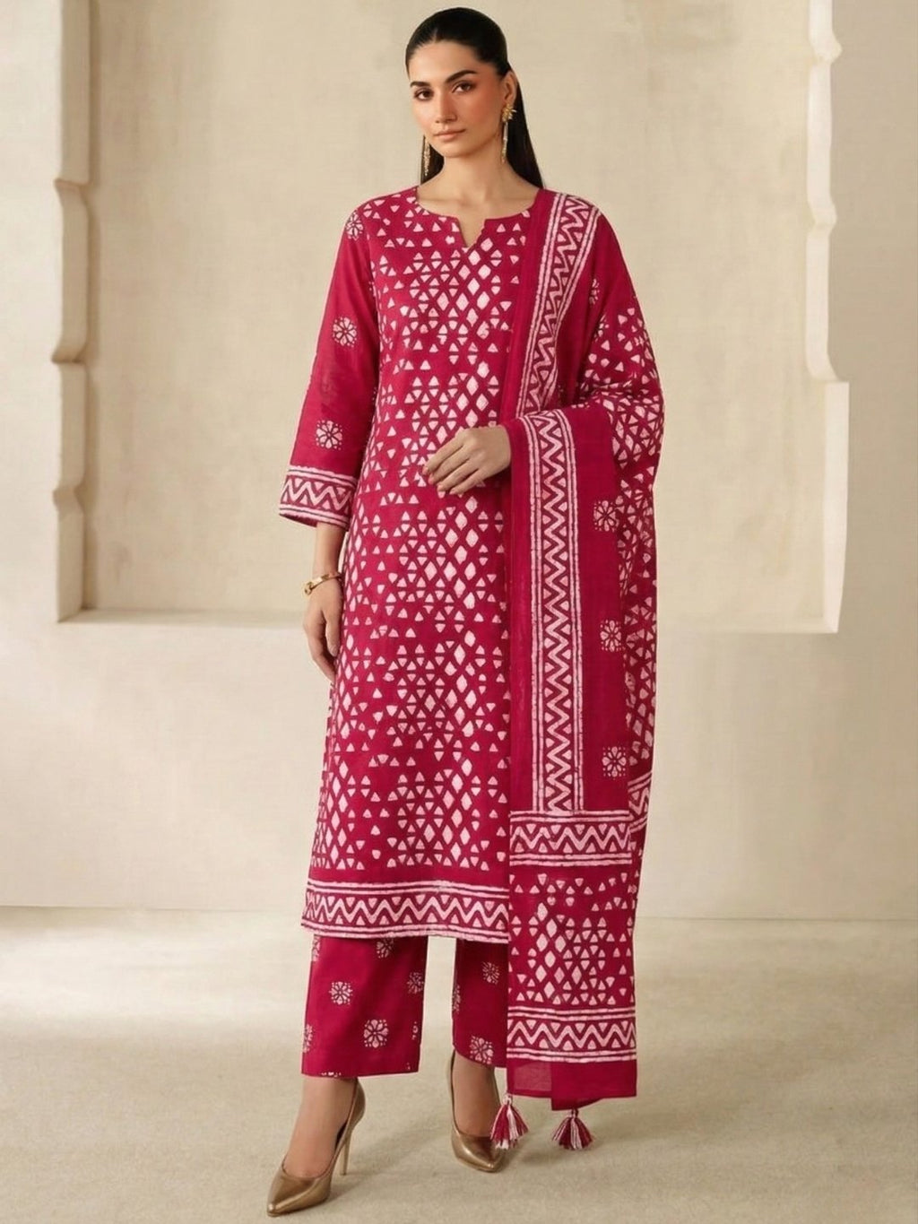 Bombay Batik Pure Cotton Dress Material Hand-Painted Batik Motifs – Pink Batik