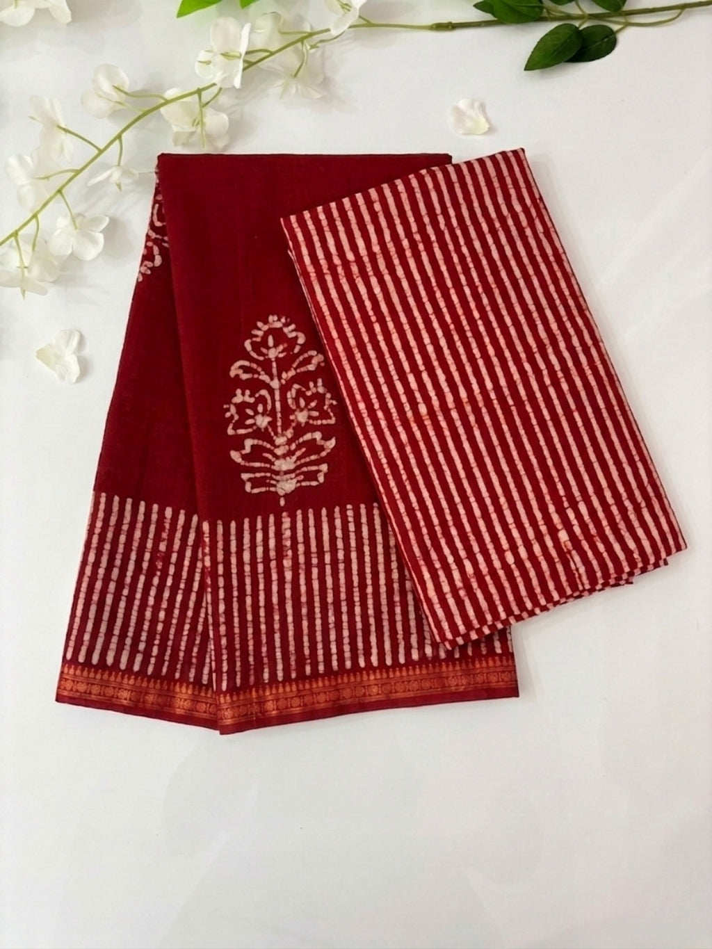 Red Regal Cotton Batik Saree with Blouse Piece
