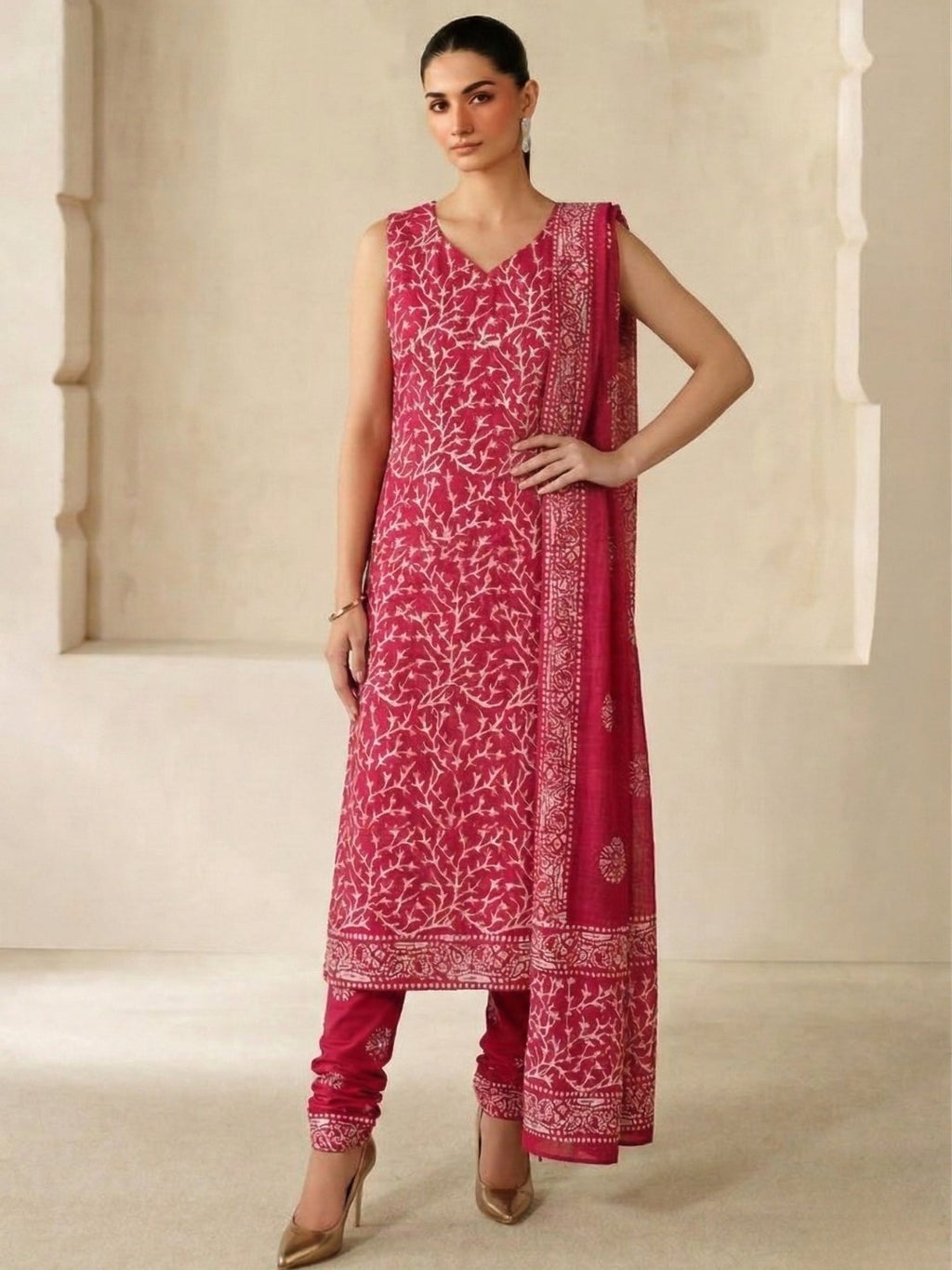 Bombay Batik Pure Cotton Dress Material Hand-Painted Batik Motifs – Pink Colour