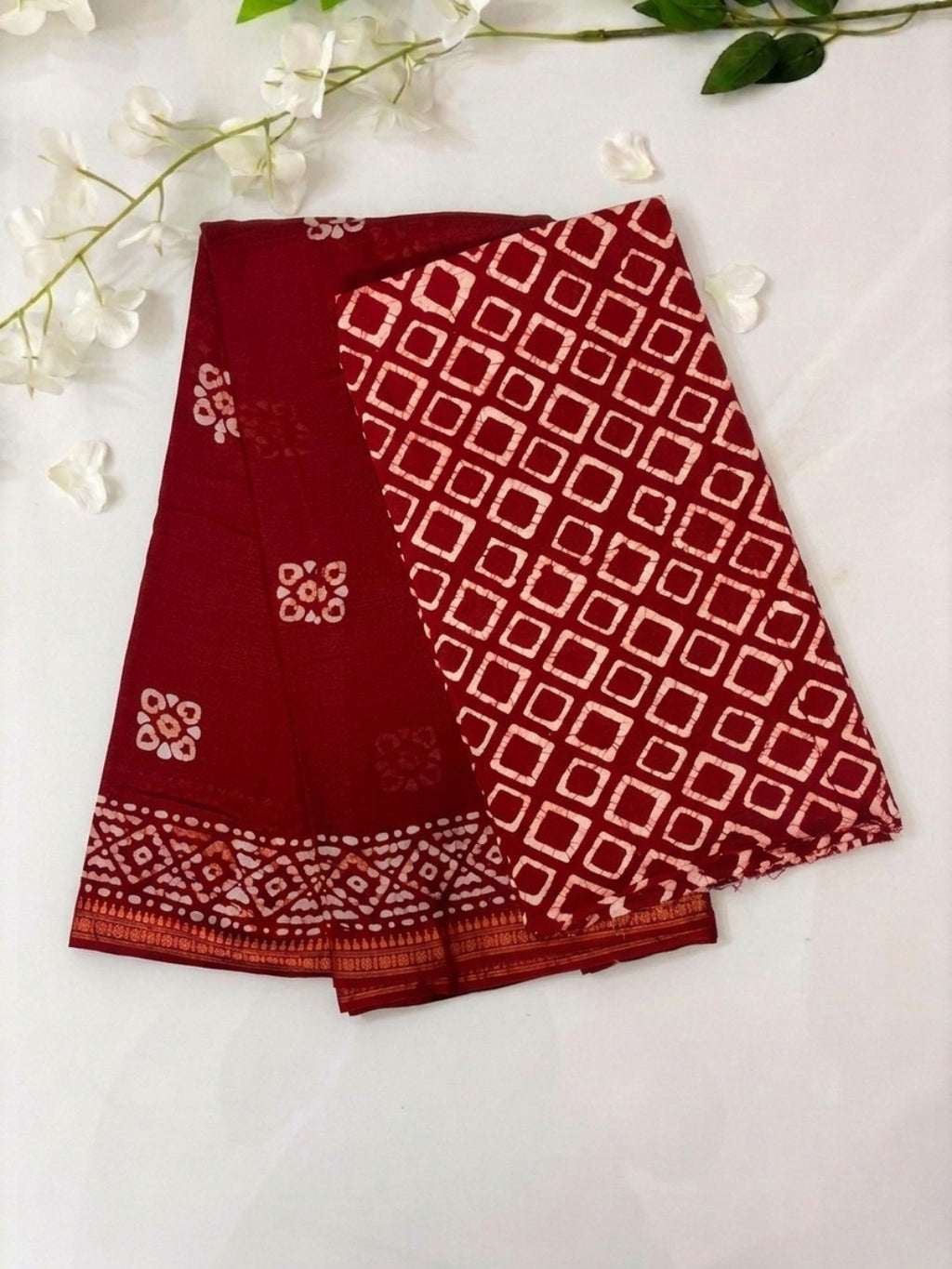 Red Vibrant Cotton Batik Saree with Blouse Piece