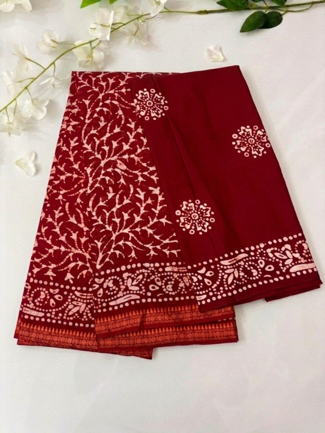 Red Divine Cotton Batik Saree with Blouse Piece