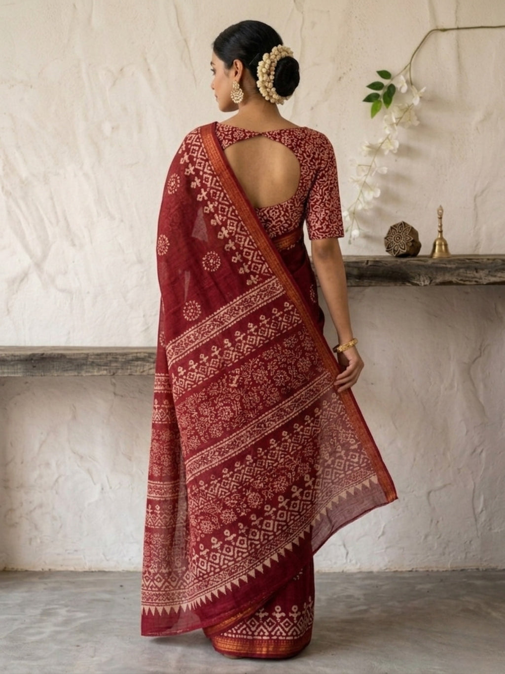 Red Jeweled Cotton Batik Saree with Blouse Piece