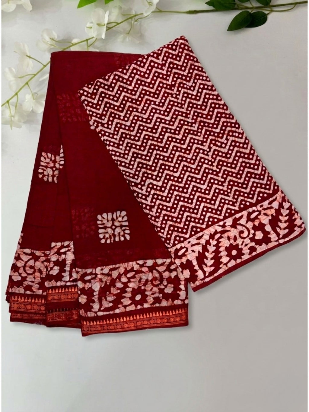 Red Ornate Cotton Batik Saree with Blouse Piece