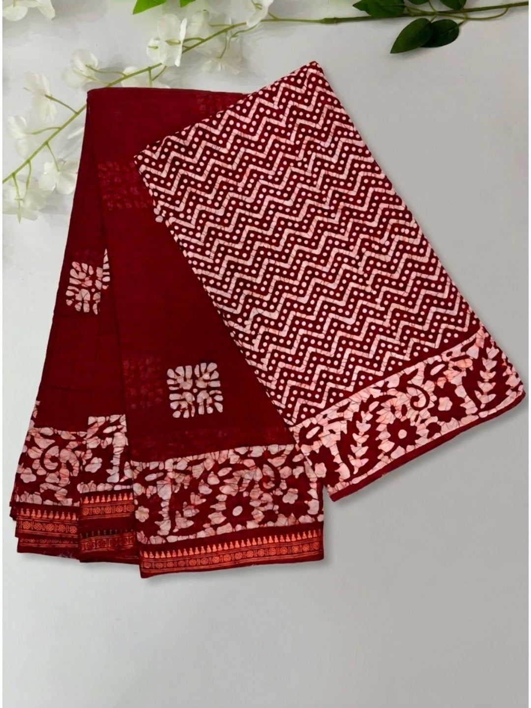 Red Ornate Cotton Batik Saree with Blouse Piece