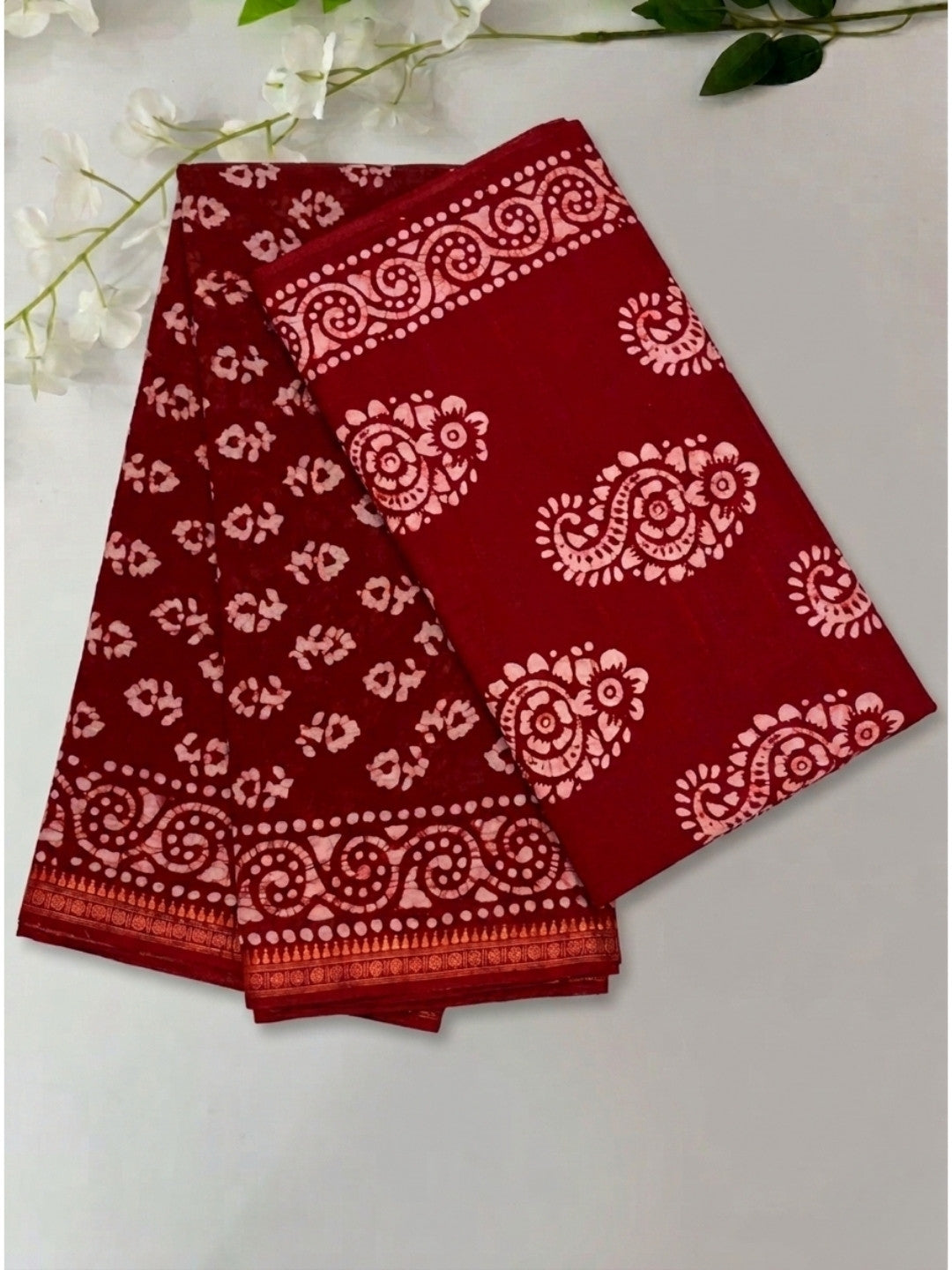 Red Majestic Cotton Batik Saree with Blouse Piece