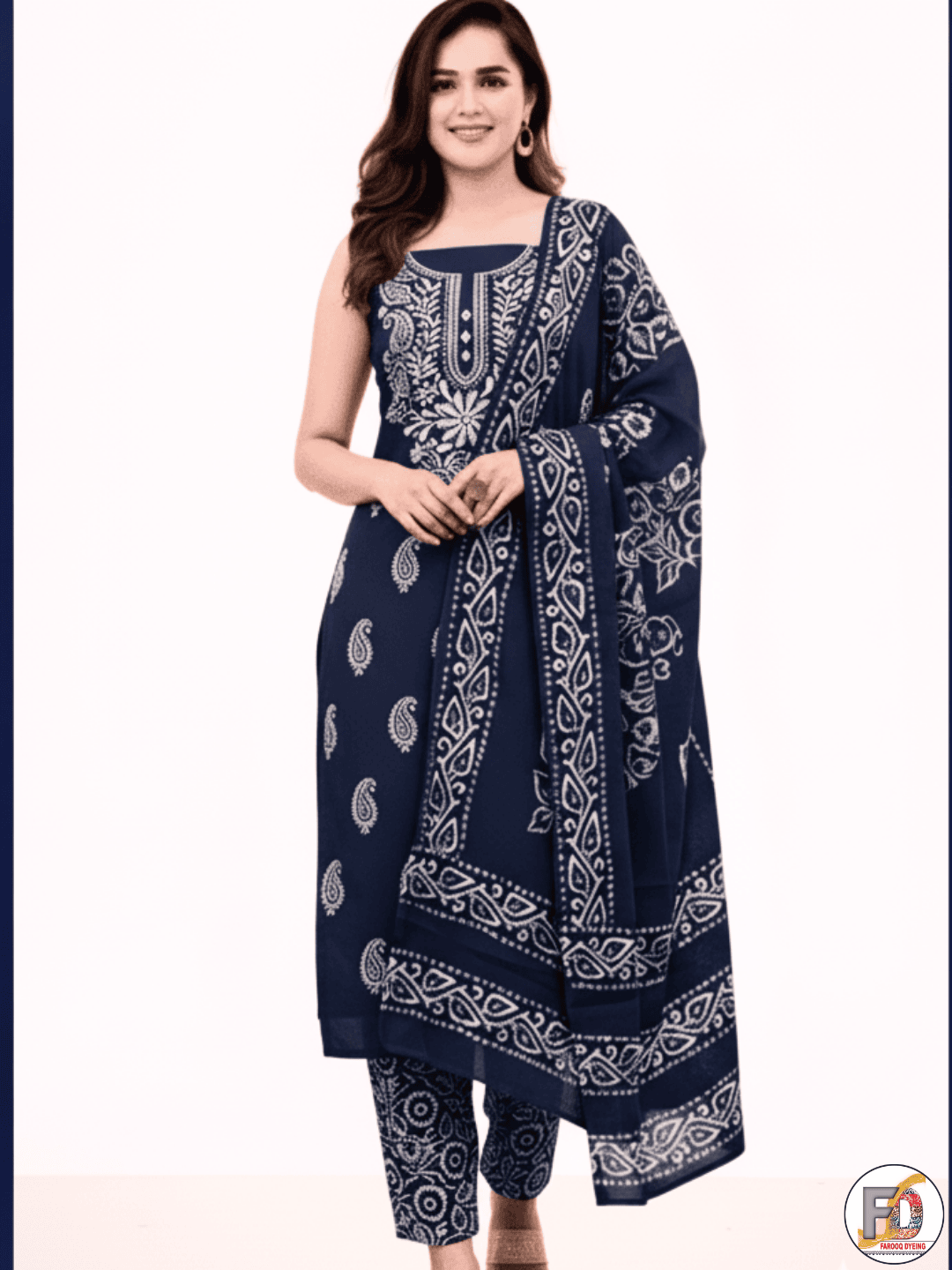 Bombay Batik Pure Cotton Lucknowi Dress Material Batik Handwork – Navy Blue White Colour (FD-DM-LK-NYBLWH-PHLPTI)