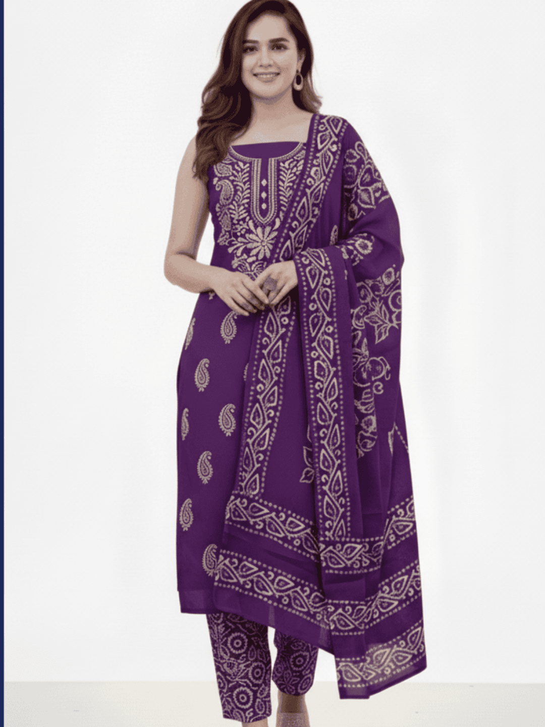 Bombay Batik Pure Cotton Lucknowi Dress Material Batik Handwork – Lavendar White Colour (FD-DM-LK-LVWHT-PHLPTI)