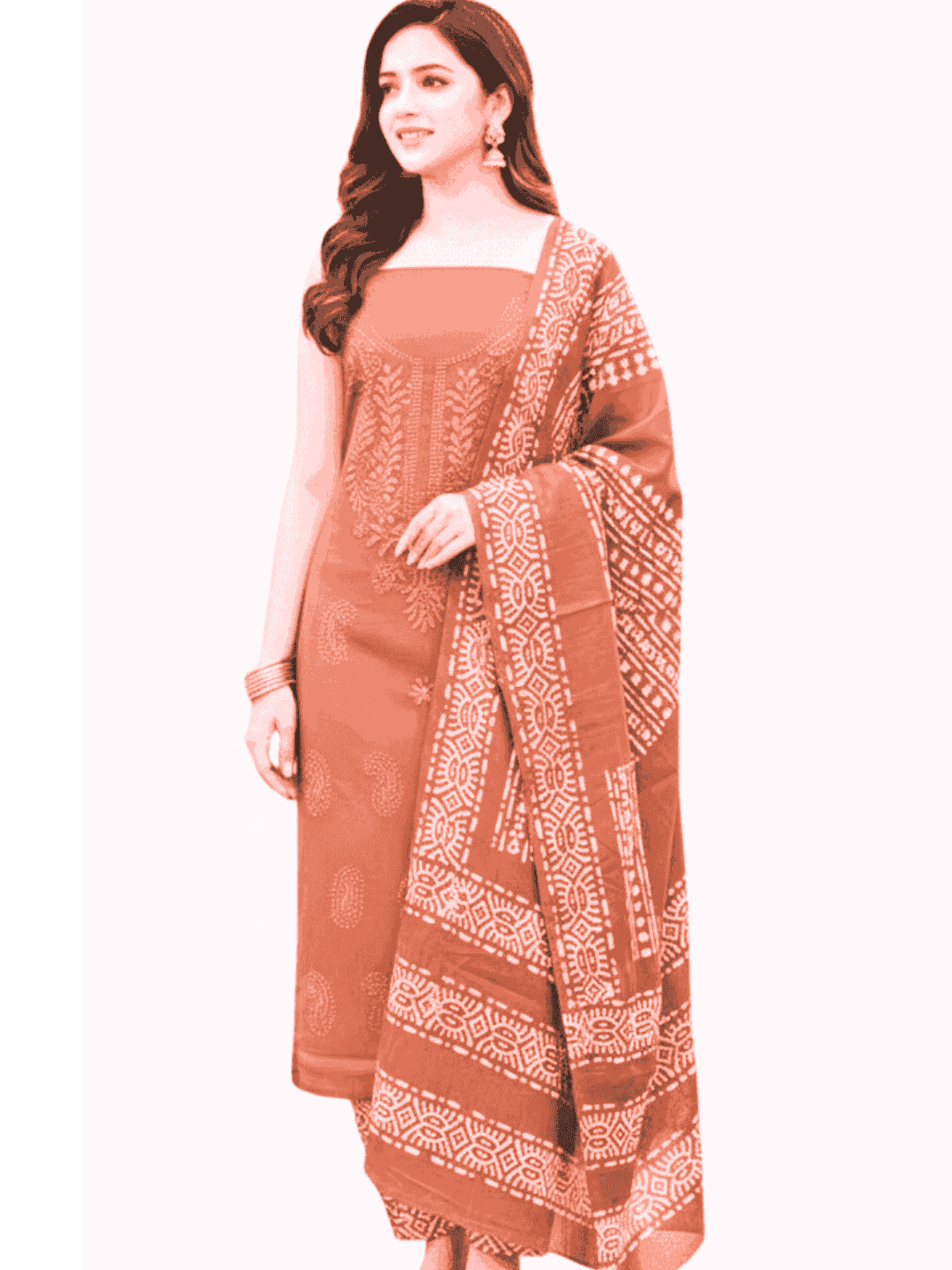 Bombay Batik Women's Pure Cotton Hand Dyed Lucknowi Batik Dress Material with Cotton Dupatta (Peach) | Dress Material for Women